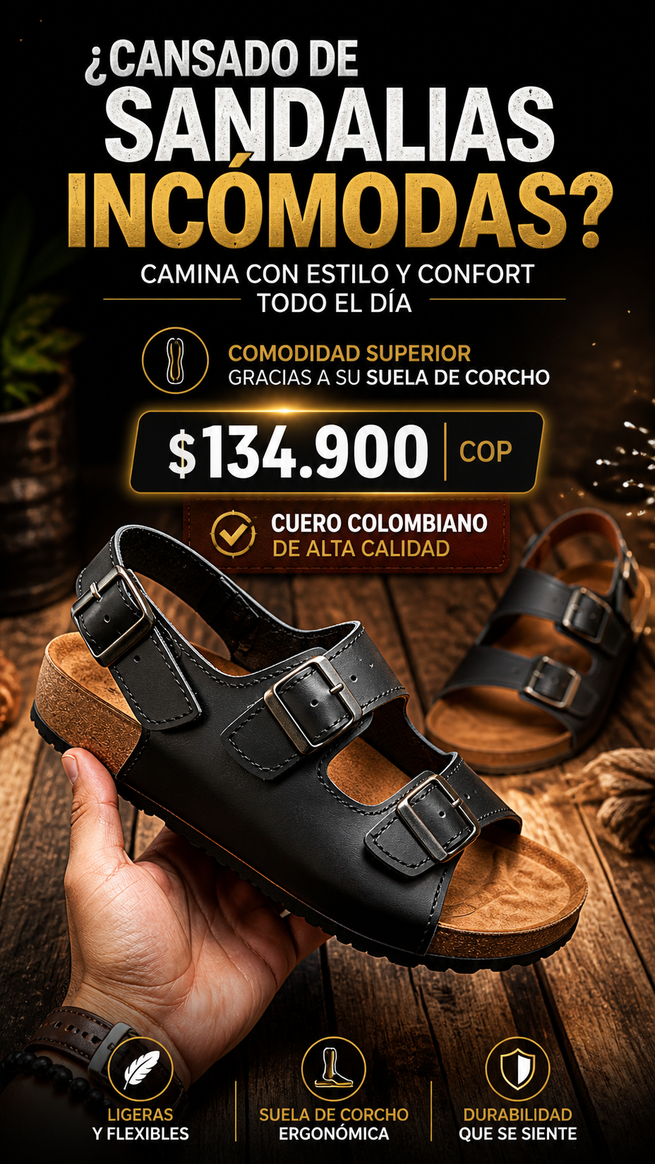 Sandalia Clásica de Corcho 3 Hebillas ✨